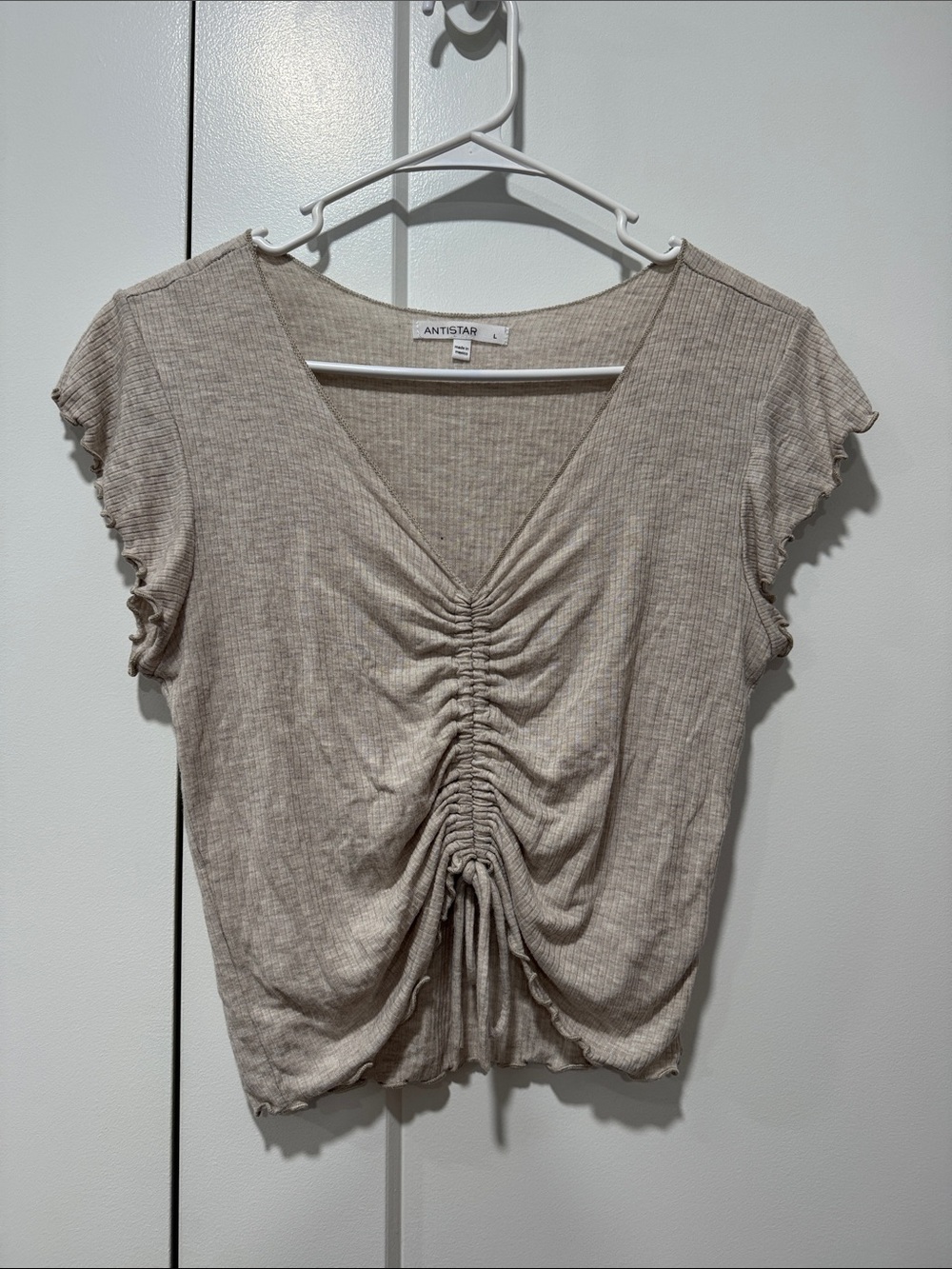 Antistar Beige Ruched V-Neck Crop Top